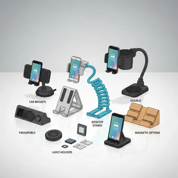 A diverse array of phone holders for Android phones, showcasing car mounts, desktop stands, and magnetic options, in a studio setting with soft, even lighting, illustrative style.