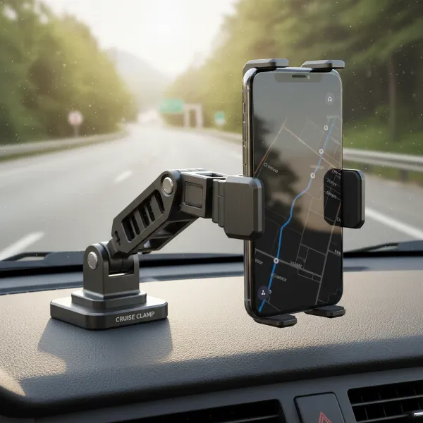 A car phone holder securely gripping a smartphone on a dashboard, showcasing stability during a bumpy road drive, realistic product photography style