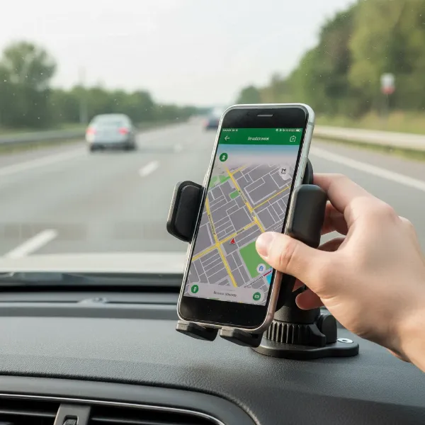 A hand placing a smartphone into a car phone holder mounted on a dashboard, showcasing stability and ease of use with a clear road view in the background, realistic style, eye-level perspective.