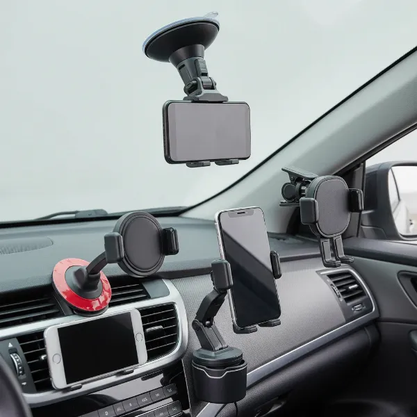 A diverse collection of car phone holders including windshield, dashboard, vent, and cup holder mounts, illustrating various attachment mechanisms.