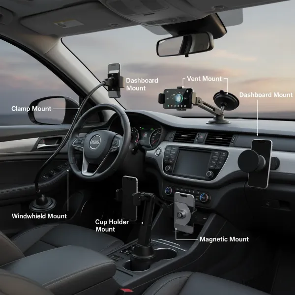 Various types of car phone mounts shown in a vehicle interior