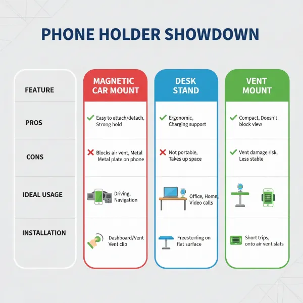 Infographic comparing various phone holder types, highlighting their features, pros, cons, and ideal uses for different environments.