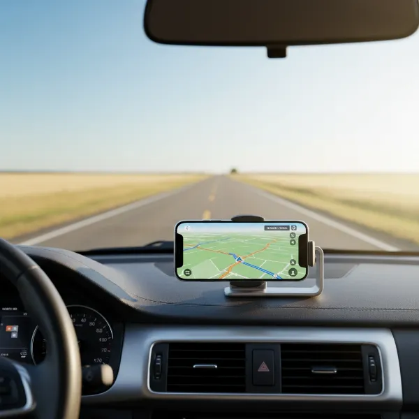 Dashboard phone mount securely holding a smartphone on a car's dashboard, with GPS navigation visible, showing a clear view of the road through the windshield, realistic and professional style