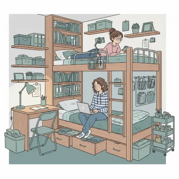 An organized college dorm room featuring a space-saving phone holder attached to a bunk bed frame, students using laptop and phone, cozy and functional