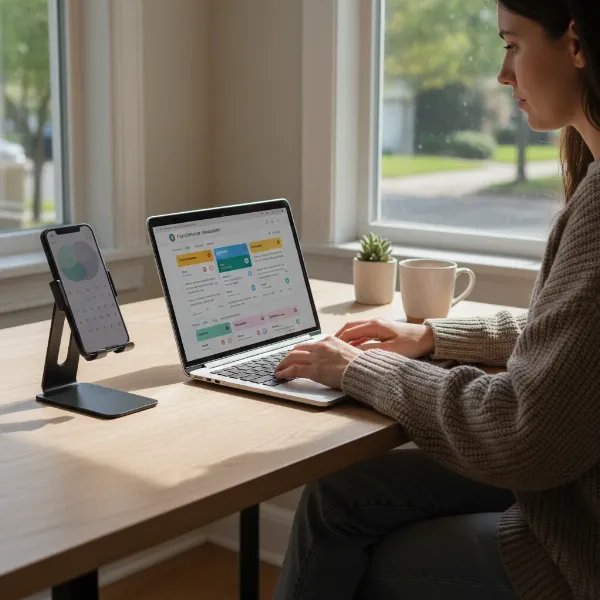 A lifestyle shot of a person using a smartphone securely placed in a discreet, modern desk phone holder while working on a laptop in a well-lit home office, showing seamless integration into daily life.