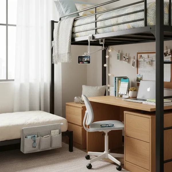 A well-organized college dorm room with a variety of phone holders on display, showcasing different types and applications, bright and inviting atmosphere