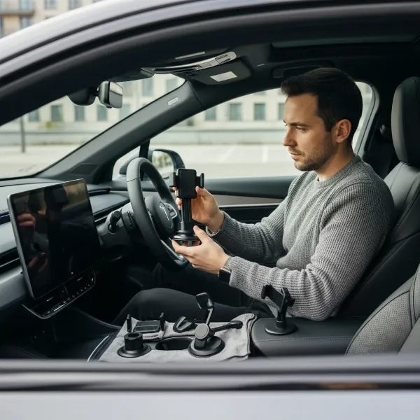 A person thoughtfully considering various phone holder options in a car