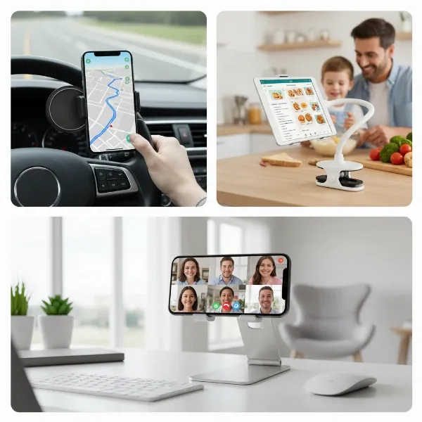 Collage of different phone holder types for family use at home and in car
