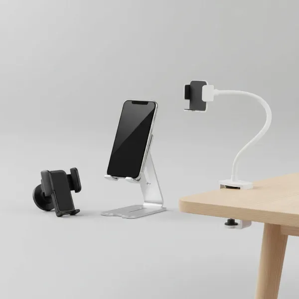 Different types of phone holders including desk stands, car mounts, and gooseneck holders.