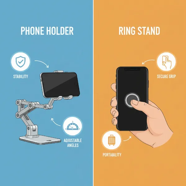 Visual comparison highlighting differences between a multi-purpose phone holder and a compact phone ring stand.