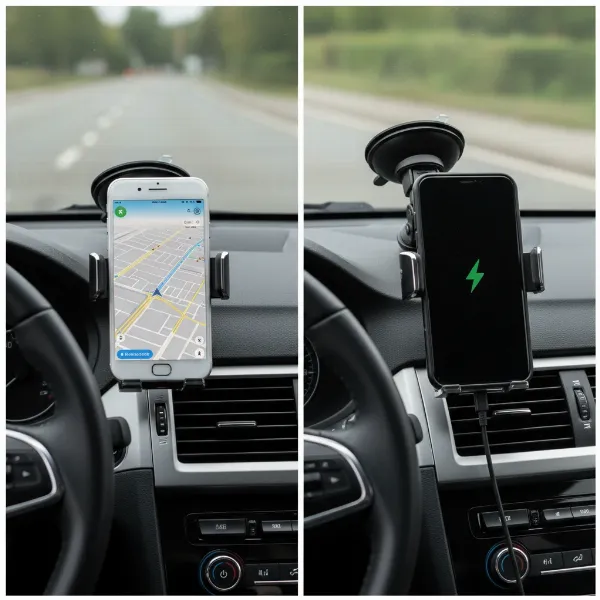 A side-by-side visual comparison of a basic phone holder and a wireless charging phone holder in a car setting, highlighting their distinct features and benefits.