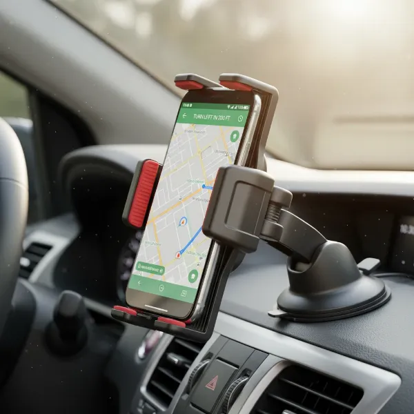 A close-up shot of a smartphone securely held in a sturdy car phone mount, mounted on the dashboard, with a blurred car interior background. The phone is displaying a navigation app, highlighting stability and ease of use. Soft ambient light from the car window.