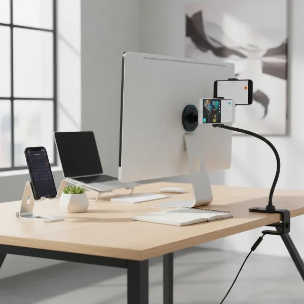 An organized modern workspace featuring different types of phone holders: a sleek adjustable desktop stand, a flexible gooseneck arm, and a magnetic monitor mount, showcasing productivity.